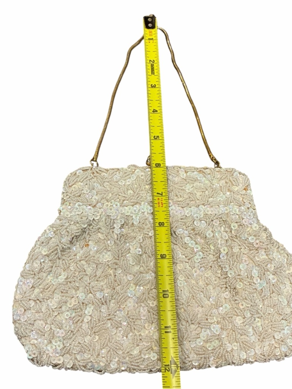 Vintage Hand Beaded Evening Bag with Gold Tone Chain and Faux Diamond Clasp - Picture 9 of 10